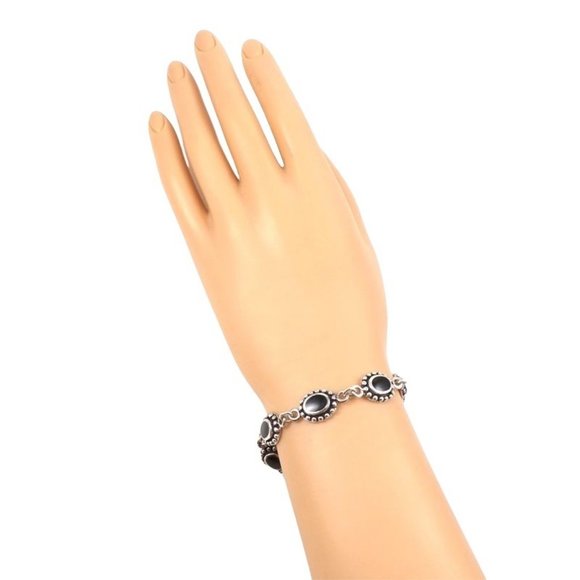 Sterling Silver Black Onyx Oval Chain Link Bracelet 7.25" - Picture 2 of 4